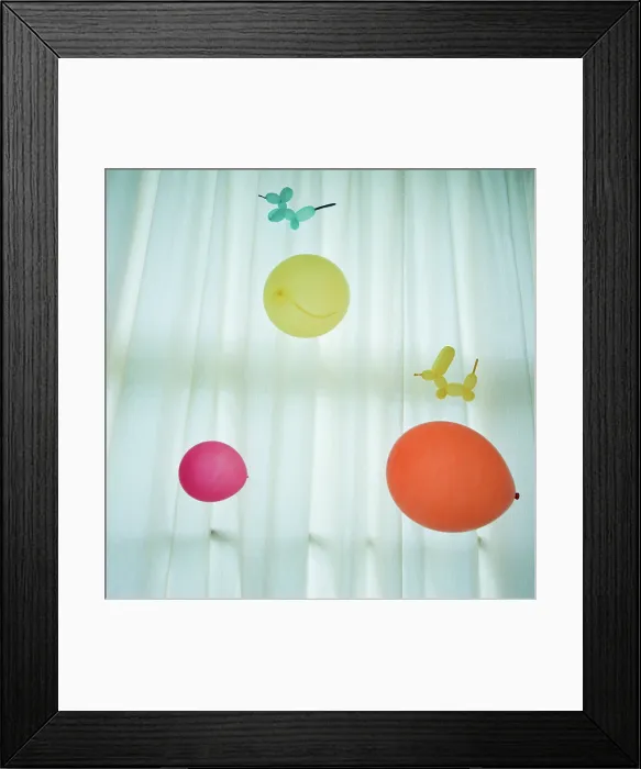 Framed Print : Colorful balloons against white curtain Framed Print : Colorful balloons against white curtain