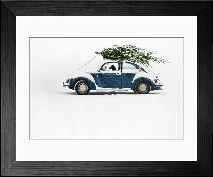Framed Print : Dog in Car with Christmas Tree Framed Print : Dog in Car with Christmas Tree
