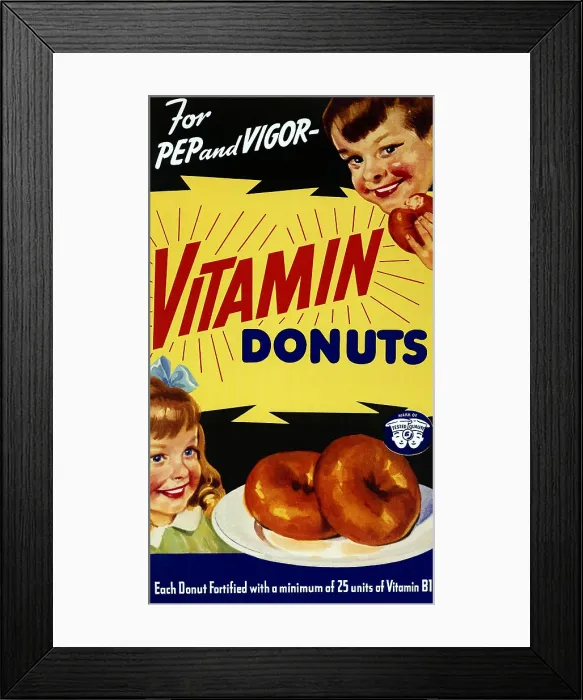 Framed Print : Vitamin Donut Retro Nutrition Poster, Humorous, Healthy Junk Food Framed Print : Vitamin Donut Retro Nutrition Poster, Humorous, Healthy Junk Food