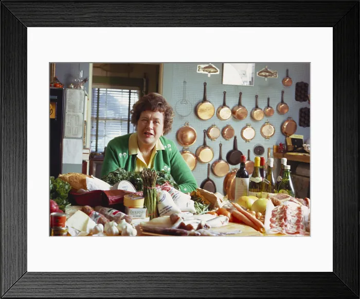 Framed Print : Julia Child, The French Chef TV show host and cookbook author, in her kitchen, 1972 Framed Print : Julia Child, The French Chef TV show host and cookbook author, in her kitchen, 1972