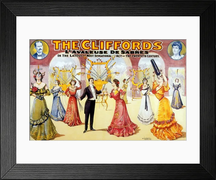 Framed Print : The Cliffords, Sword Swallowing Act, Vintage Poster