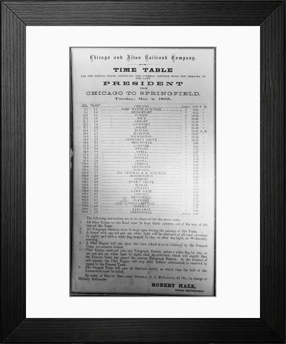 Framed Print : Abraham Lincoln, Funeral Train Schedule, 1865 Framed Print : Abraham Lincoln, Funeral Train Schedule, 1865