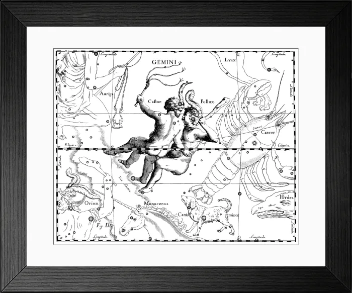 Framed Print : Gemini Constellation, Zodiac Sign, Hevelius Framed Print : Gemini Constellation, Zodiac Sign, Hevelius