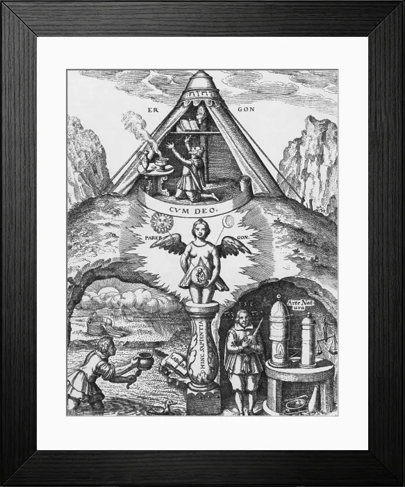 Framed Print : Alchemy. 'A man is being made'. Medieval engraving depicting alchemy and creation Framed Print : Alchemy. 'A man is being made'. Medieval engraving depicting alchemy and creation