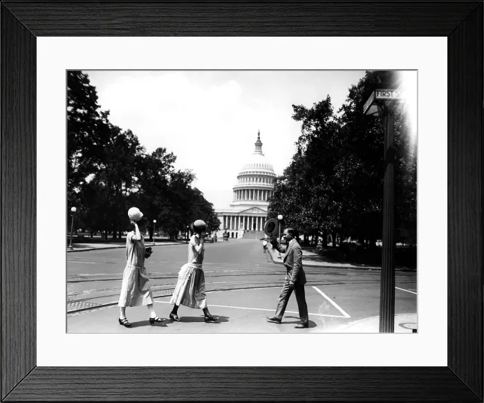 Framed Print : Women Tip Their Hats to a Male Colleague Framed Print : Women Tip Their Hats to a Male Colleague