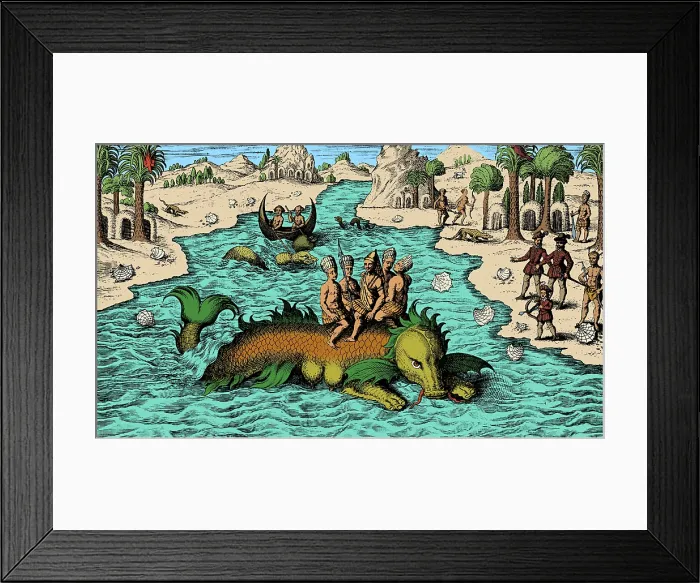 Framed Print : Native Noblemen Riding Sea Monster, 1621 Framed Print : Native Noblemen Riding Sea Monster, 1621