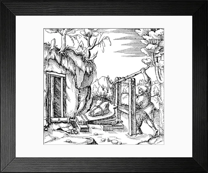 Framed Print : Georgius Agricola, De Re Metallica, Bellows, 16th Century Framed Print : Georgius Agricola, De Re Metallica, Bellows, 16th Century
