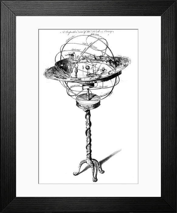 Framed Print : Orrery. A perspective view of an orrery, a mechanical model showing the Framed Print : Orrery. A perspective view of an orrery, a mechanical model showing the