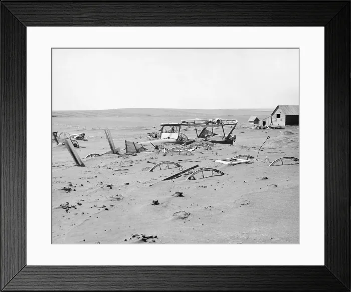 Framed Print : Dust Bowl. Machinery buried under dust and sand in a barn lot in Dallas Framed Print : Dust Bowl. Machinery buried under dust and sand in a barn lot in Dallas