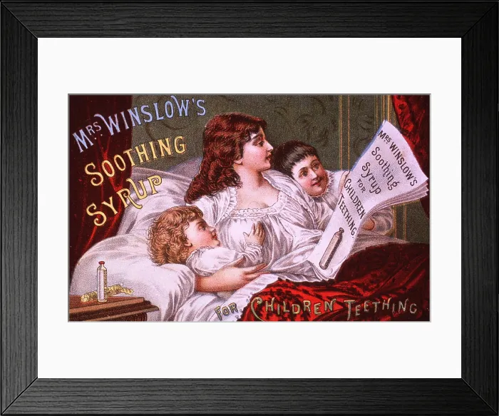 Framed Print : Mrs. Winslow's Soothing Syrup, Contained Morphine, Vintage Medical Advertisement