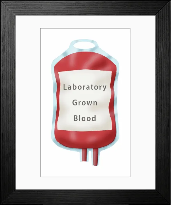 Framed Print : Blood Bag labeled Lab Grown Blood, Illustration Framed Print : Blood Bag labeled Lab Grown Blood, Illustration