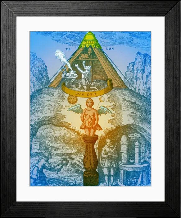 Framed Print : Alchemy. 'A man is being made'. Medieval engraving depicting alchemy and creation Framed Print : Alchemy. 'A man is being made'. Medieval engraving depicting alchemy and creation