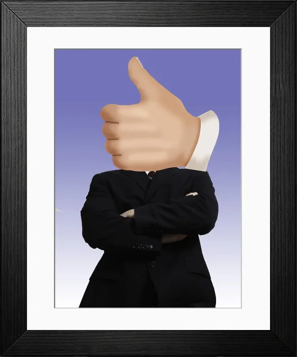 Framed Print : Thumbs Up. Man with a thumbs up superimposed over his head Framed Print : Thumbs Up. Man with a thumbs up superimposed over his head