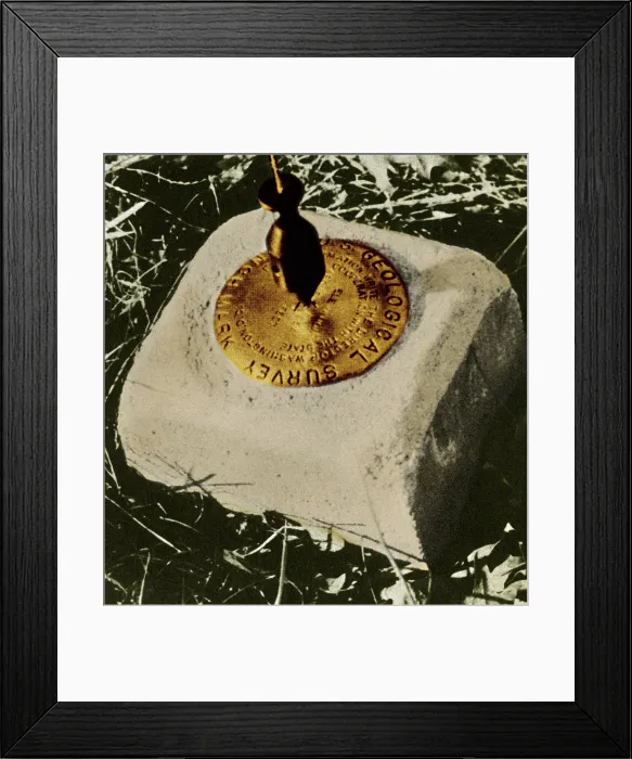 Framed Print : Benchmark. Close up of a benchmark, with a surveyor's plumb-bob visible, hanging above Framed Print : Benchmark. Close up of a benchmark, with a surveyor's plumb-bob visible, hanging above