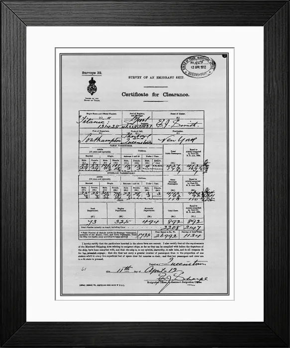 Framed Print : RMS Titanic, Certificate for Clearance, 1912