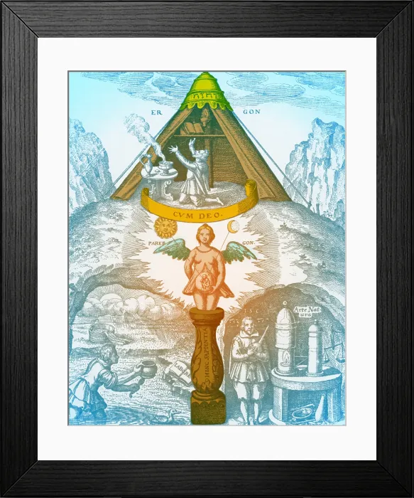 Framed Print : Alchemy. 'A man is being made'. Medieval engraving depicting alchemy and creation
