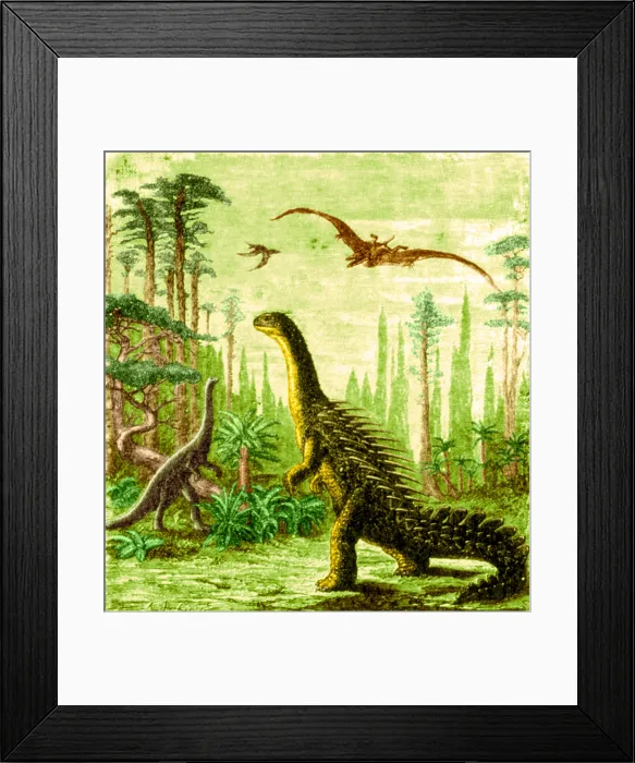 Framed Print : Stegosaurus and Compsognathus Dinosaurs
