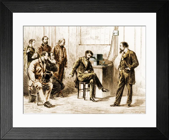 Framed Print : Early telephone demonstration