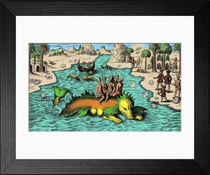 Framed Print : Native Noblemen Riding Sea Monster, 1621 Framed Print : Native Noblemen Riding Sea Monster, 1621