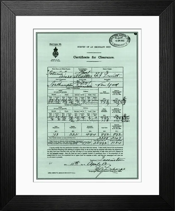 Framed Print : RMS Titanic, Certificate for Clearance, 1912