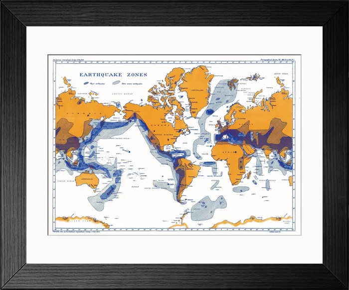 Framed Print : Earthquake Zones Map Framed Print : Earthquake Zones Map