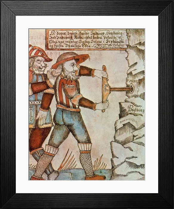 Framed Print : Baugi Drills a Hole in the Mountain