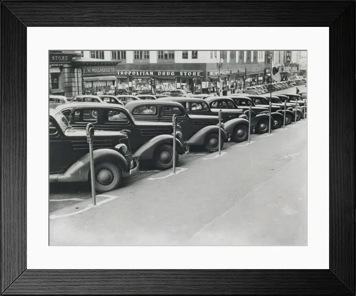 Framed Print : Parked Cars & Meters, 1938 Framed Print : Parked Cars & Meters, 1938
