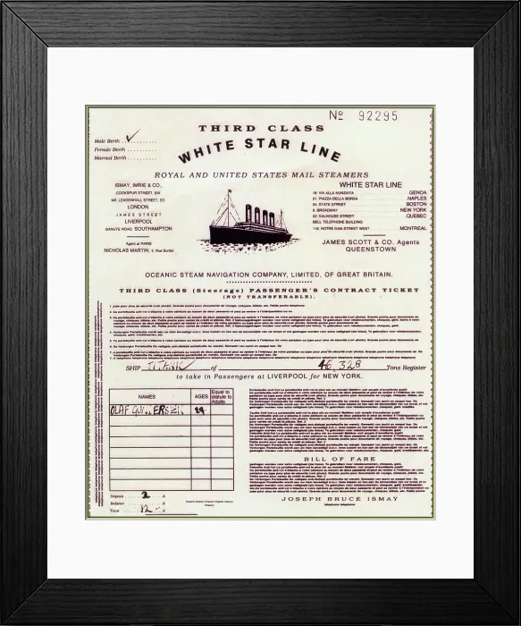 Framed Print : RMS Titanic Replica Passenger Ticket