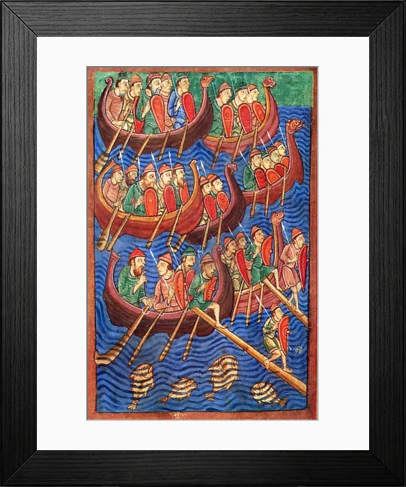 Framed Print : Vikings in Ships Invade England 9th Century, Medieval Illuminated or Illustrated Manuscript Framed Print : Vikings in Ships Invade England 9th Century, Medieval Illuminated or Illustrated Manuscript