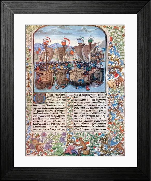 Framed Print : Medieval Manuscript Page, Illustrating the Battle Of Sluys, 1340 Framed Print : Medieval Manuscript Page, Illustrating the Battle Of Sluys, 1340