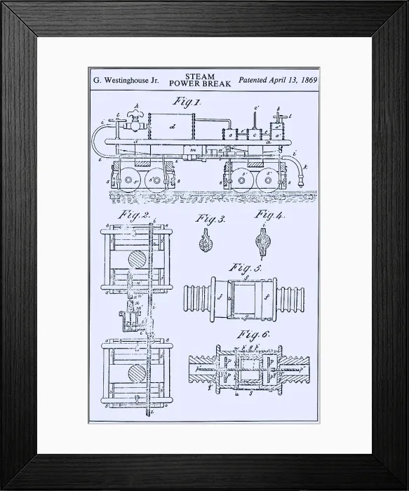 Framed Print : Westinghouse Steam Power Brake Patent, 1869 Framed Print : Westinghouse Steam Power Brake Patent, 1869