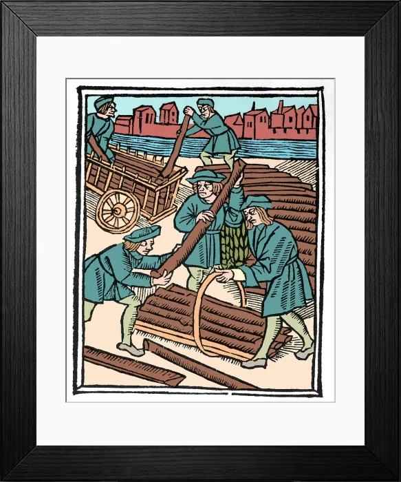 Framed Print : Timber Haulers, Medieval Tradesmen Framed Print : Timber Haulers, Medieval Tradesmen