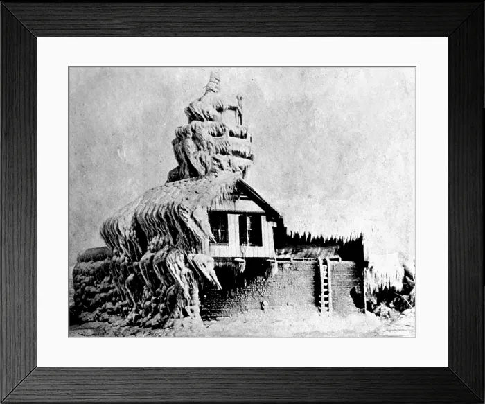 Framed Print : Lighthouse Covered with Ice