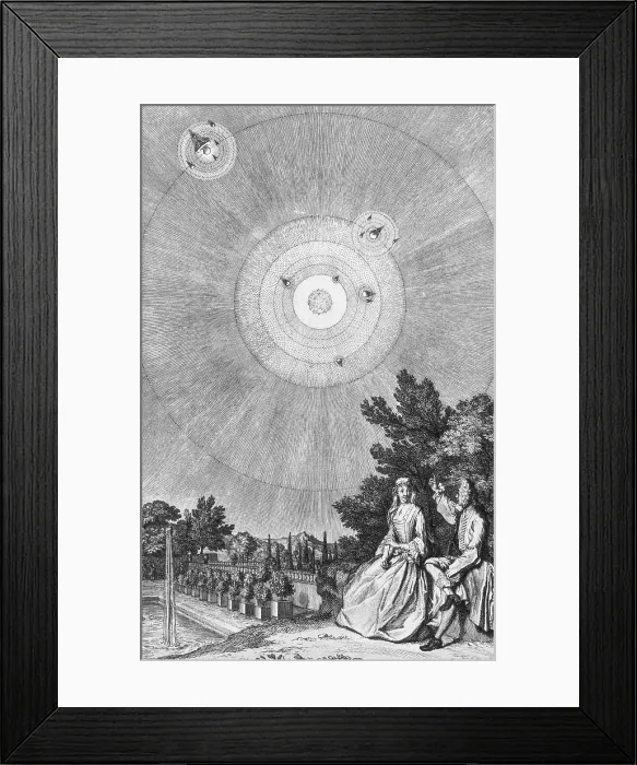 Framed Print : Conversations on the Plurality of Worlds, Frontispiece, 1683 Framed Print : Conversations on the Plurality of Worlds, Frontispiece, 1683