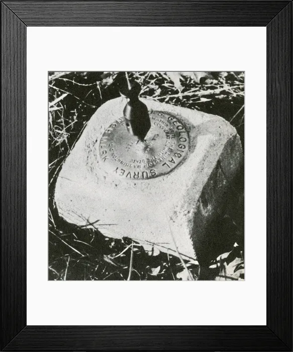 Framed Print : Benchmark. Close up of a benchmark, with a surveyor's plumb-bob visible, hanging above