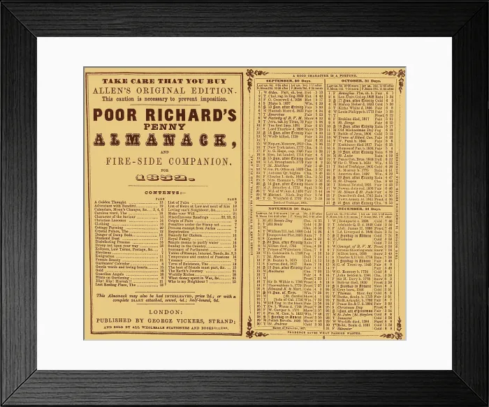 Framed Print : Poor Richard's Penny Almanack, 1852 Framed Print : Poor Richard's Penny Almanack, 1852