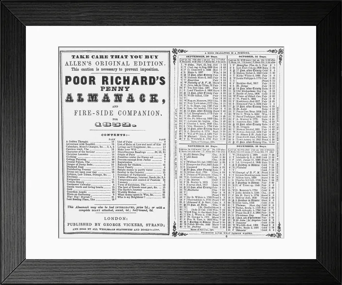 Framed Print : Poor Richard's Penny Almanack, 1852