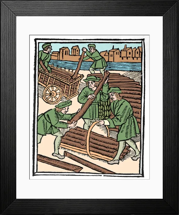Framed Print : Timber Haulers, Medieval Tradesmen