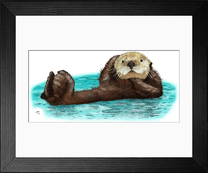 Framed Print : Sea Otter. Colorized pen and ink illustration of a Sea Otter (Enhydra lutris)
