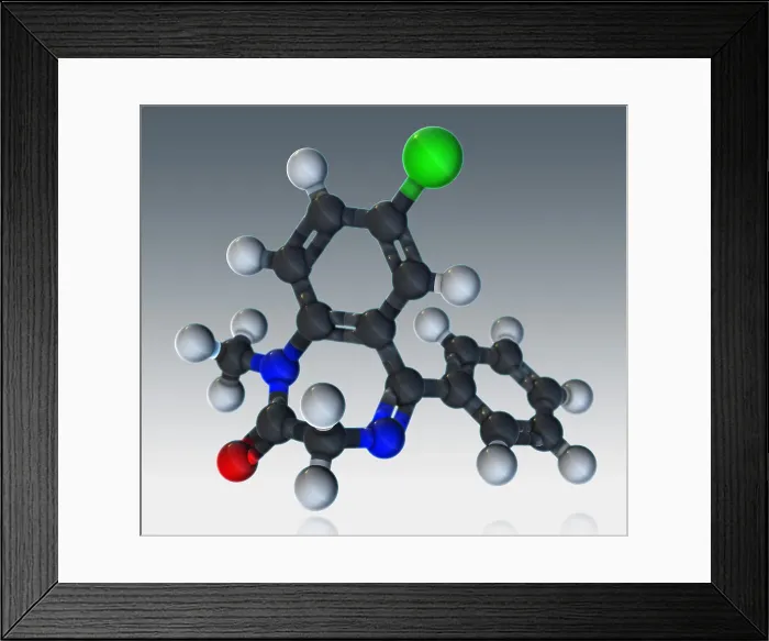 Framed Print : Diazepam Molecular Model Framed Print : Diazepam Molecular Model