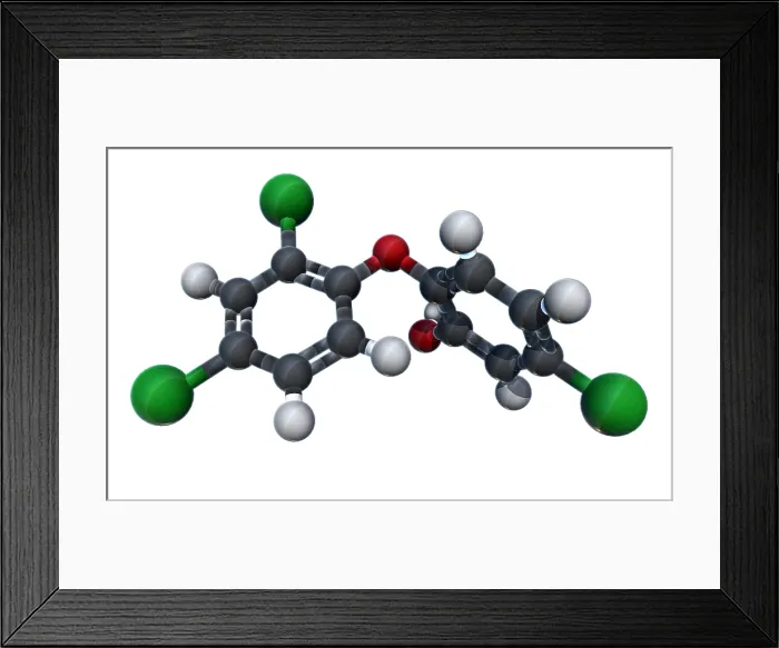 Framed Print : Triclosan. A molecular model of triclosan, an antibacterial Framed Print : Triclosan. A molecular model of triclosan, an antibacterial