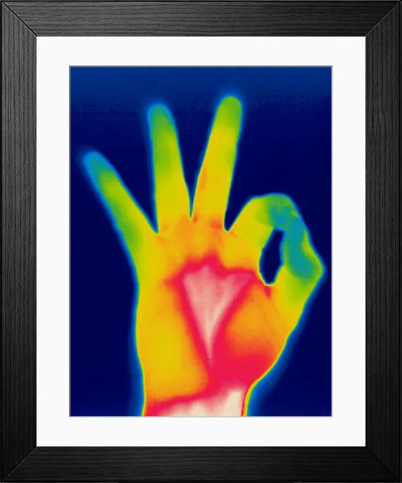 Framed Print : A thermogram of a hand giving the 'OK' sign Framed Print : A thermogram of a hand giving the 'OK' sign