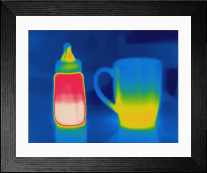 Framed Print : Thermogram of a baby bottle and coffee cup Framed Print : Thermogram of a baby bottle and coffee cup