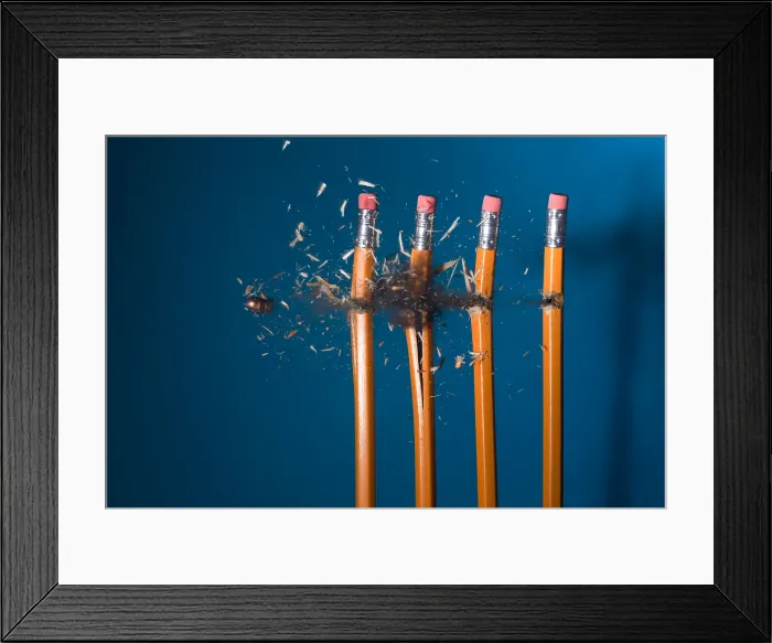 Framed Print : Bullet Hitting Pencils Causing them to Shatter, Stop Photography Framed Print : Bullet Hitting Pencils Causing them to Shatter, Stop Photography