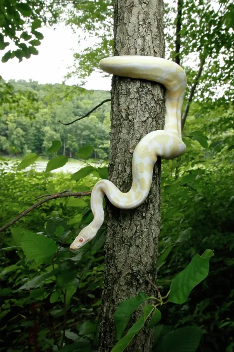 Framed Print : Albino Ball Python climbing tree