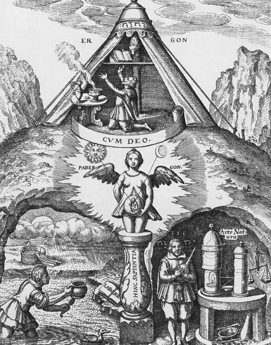 Framed Print : Alchemy. 'A man is being made'. Medieval engraving depicting alchemy and creation Framed Print : Alchemy. 'A man is being made'. Medieval engraving depicting alchemy and creation