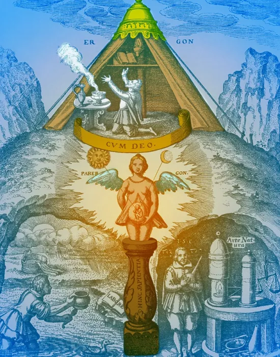 Framed Print : Alchemy. 'A man is being made'. Medieval engraving depicting alchemy and creation Framed Print : Alchemy. 'A man is being made'. Medieval engraving depicting alchemy and creation