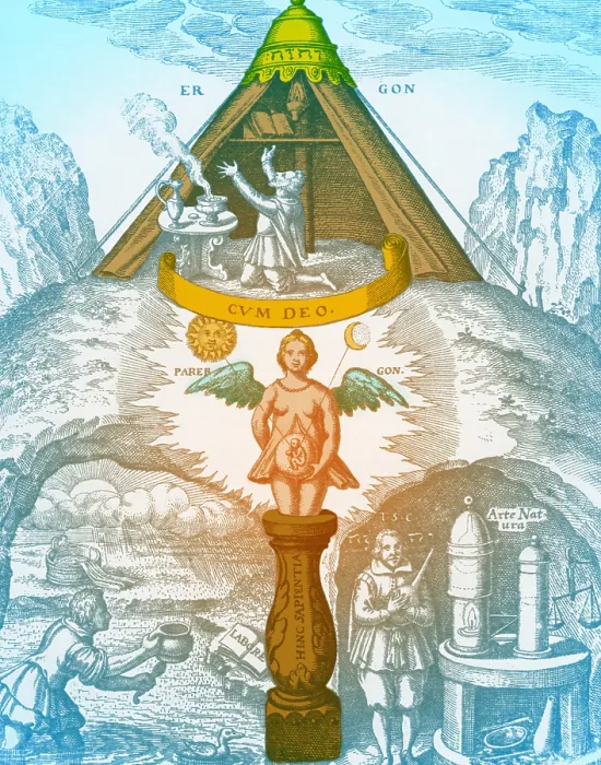 Framed Print : Alchemy. 'A man is being made'. Medieval engraving depicting alchemy and creation