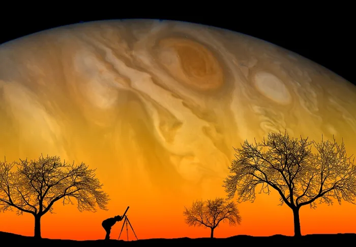 Framed Print : Astronomy. In this composite photo, an amateur astronomer gazes at the Framed Print : Astronomy. In this composite photo, an amateur astronomer gazes at the
