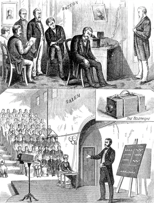 Framed Print : Bell and Watson Demonstrate Telephone, 1877 Framed Print : Bell and Watson Demonstrate Telephone, 1877